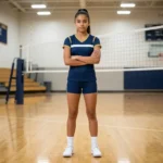 Full body action portrait of a youth player wearing the Rising Star Custom Girls Volleyball Uniform - Navy Gold in a gymnasium setting with a high ponytail and white athletic shoes
