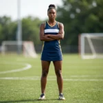 Female athlete wearing the Crease King Custom Lacrosse Uniform - Navy Gold Kit, featuring a sleeveless racerback jersey and performance skort designed for women's lacrosse