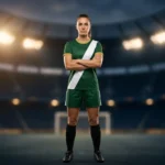 Professional female soccer player modeling the Emerald Grace custom sublimated uniform in forest green and gold at a stadium, showcasing the high-performance athletic fit for competitive women's clubs