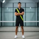 Professional sports portrait of a male athlete wearing the Court Noir Custom Padel Kit - Black Lime Tech Polo on an indoor padel court, highlighting the slim European athletic fit