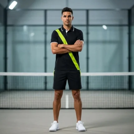 Professional sports portrait of a male athlete wearing the Court Noir Custom Padel Kit - Black Lime Tech Polo on an indoor padel court, highlighting the slim European athletic fit