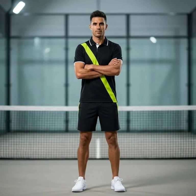 Professional sports portrait of a male athlete wearing the Court Noir Custom Padel Kit - Black Lime Tech Polo on an indoor padel court, highlighting the slim European athletic fit