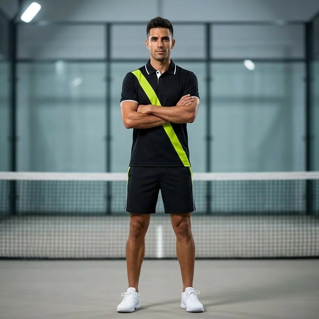 A Spanish_Southern European adult male padel player wearing Court Noir Custom Padel Kit - Black Lime Tech Polo Professional sports portrait of a male athlete wearing the Court Noir Custom Padel Kit - Black Lime Tech Polo on an indoor padel court, highlighting the slim European athletic fit
