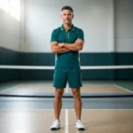 An athletic male player wearing the Rally Court Custom Pickleball Uniform - Teal White Kit, showcasing the performance fit polo and shorts in a professional indoor court setting
