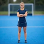 Female player standing on an artificial field in the Pitch Prestige Custom Field Hockey Kits - Navy White featuring white side panels and a pleated skort