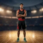 Muscular male athlete wearing the Midnight Blaze custom basketball kit in a black and red colorway, standing on an indoor hardwood court within a blurred professional arena