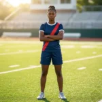 A young female athlete in a high school setting wearing the Blitz Queen Custom Girls Flag Football Uniform - Navy Red, standing on a turf football field with arms crossed to show the custom sublimated jersey fit and athletic shorts