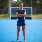 Fit athlete on a blue turf pitch wearing the Pitch Prestige Custom Field Hockey Kits - Navy White with gold collar and cuff accents