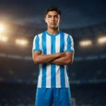 Professional sports portrait of a young Hispanic/Latino male athlete modeling the Arctic Wave Custom Soccer Uniform - Blue White Stripe with arms crossed in a brightly lit, blurred soccer stadium environment