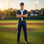 High school varsity baseball player wearing the Diamond Legacy custom navy and gold pinstripe uniform, highlighting a professional team aesthetic for school and youth sports programs