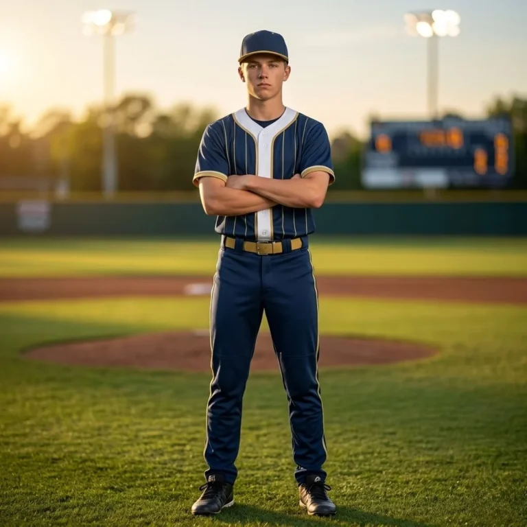 High school varsity baseball player wearing the Diamond Legacy custom navy and gold pinstripe uniform, highlighting a professional team aesthetic for school and youth sports programs