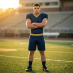 High school varsity football player wearing the Gridiron Classic custom sublimated jersey and shorts in navy and gold, showcasing a professional team look for youth and school sports programs