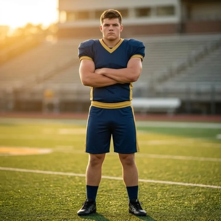 High school varsity football player wearing the Gridiron Classic custom sublimated jersey and shorts in navy and gold, showcasing a professional team look for youth and school sports programs