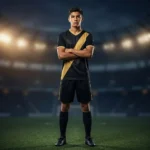 Teenage youth soccer player wearing the Shadow Phantom custom team kit in black and gold, highlighting the athletic fit and professional sublimated patterns for competitive youth soccer clubs