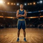 Full-body action portrait of an athletic male basketball player wearing a navy and gold Court King custom uniform standing on an indoor hardwood court inside a professional basketball arena