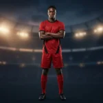 Professional sports portrait of a muscular African American athlete modeling the Ignite Pro Custom Soccer Uniform - Red Black Kit on a brightly lit indoor soccer field