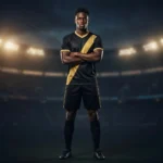 Lean muscular male athlete modeling the full Shadow Phantom custom soccer uniform at a stadium, showcasing the high-performance fit and premium sublimated black and gold design
