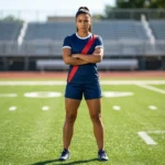 Professional sports portrait of a fit female player wearing the Blitz Queen Custom Girls Flag Football Uniform - Navy Red, featuring the navy and red sash design jersey and matching shorts against a blurred stadium background