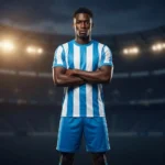 Elite athletic portrait of a muscular African American male player wearing the Arctic Wave Custom Soccer Uniform - Blue White Stripe, standing with arms crossed in a professional soccer arena at dusk
