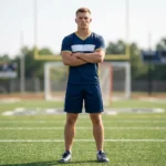 Professional athlete wearing the Crease King Custom Lacrosse Uniform - Navy Gold Kit, showcasing the men's relaxed athletic fit jersey and shorts on an outdoor field