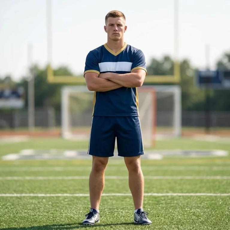 Professional athlete wearing the Crease King Custom Lacrosse Uniform - Navy Gold Kit, showcasing the men's relaxed athletic fit jersey and shorts on an outdoor field