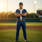 Professional adult male athlete modeling the Diamond Legacy custom sublimated baseball kit on an outdoor diamond at sunset, showcasing the premium performance fit for competitive league play