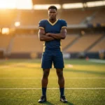 Professional adult male athlete modeling the Gridiron Classic navy and gold custom football uniform at a stadium during golden hour, highlighting the powerful athletic fit and performance fabric
