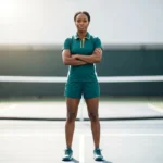 A confident female athlete modeling the Rally Court Custom Pickleball Uniform - Teal White Kit, highlighting the tailored women's fit and premium teal and gold color scheme on a pickleball court