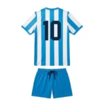 Back view of the Arctic Wave Custom Soccer Uniform - Blue White Stripe displaying a large dark navy blue athletic number 10 centered on the striped jersey, shown with sky blue shorts featuring a drawstring elastic waistband