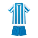 Front view flat lay of the Arctic Wave Custom Soccer Uniform - Blue White Stripe featuring a jersey with alternating vertical sky blue and white stripes, sky blue collar and cuff trim, and matching sky blue soccer shorts with a white waistband
