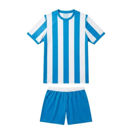 Front view flat lay of the Arctic Wave Custom Soccer Uniform - Blue White Stripe featuring a jersey with alternating vertical sky blue and white stripes, sky blue collar and cuff trim, and matching sky blue soccer shorts with a white waistband