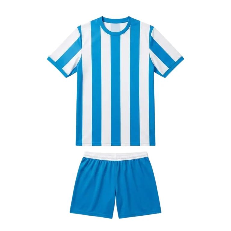 Front view flat lay of the Arctic Wave Custom Soccer Uniform - Blue White Stripe featuring a jersey with alternating vertical sky blue and white stripes, sky blue collar and cuff trim, and matching sky blue soccer shorts with a white waistband