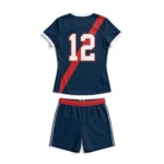 Back view of the Blitz Queen Custom Girls Flag Football Uniform - Navy Red flat lay, showcasing the continuation of the red diagonal stripe and a large white athletic block number 12 with a red outline on the navy jersey