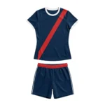 Professional flat lay top-down view of the Blitz Queen Custom Girls Flag Football Uniform - Navy Red, featuring a navy blue jersey with a bold red diagonal sash, white collar trim, and matching navy athletic shorts with a red waistband