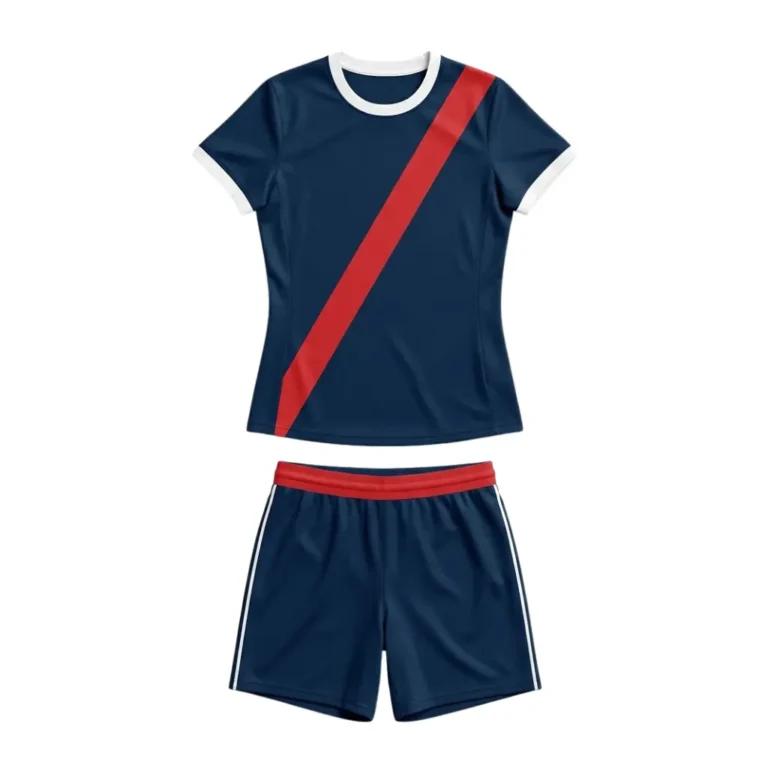 Professional flat lay top-down view of the Blitz Queen Custom Girls Flag Football Uniform - Navy Red, featuring a navy blue jersey with a bold red diagonal sash, white collar trim, and matching navy athletic shorts with a red waistband