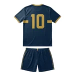 Back view of the Classic Elite Custom Soccer Uniform - Navy Gold Kit displaying a large gold athletic number 10 on a navy blue jersey with gold sleeve trim and matching elastic waistband shorts