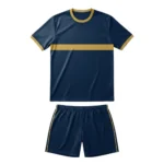 Front view flat lay of the Classic Elite Custom Soccer Uniform - Navy Gold Kit featuring a deep navy blue jersey with a bold gold horizontal chest stripe, crew neck collar, and matching navy shorts with gold side piping