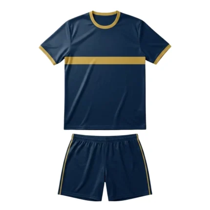 Front view flat lay of the Classic Elite Custom Soccer Uniform - Navy Gold Kit featuring a deep navy blue jersey with a bold gold horizontal chest stripe, crew neck collar, and matching navy shorts with gold side piping