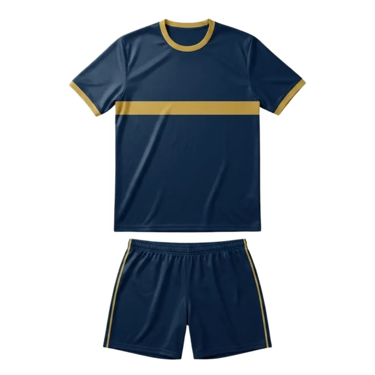 Front view flat lay of the Classic Elite Custom Soccer Uniform - Navy Gold Kit featuring a deep navy blue jersey with a bold gold horizontal chest stripe, crew neck collar, and matching navy shorts with gold side piping