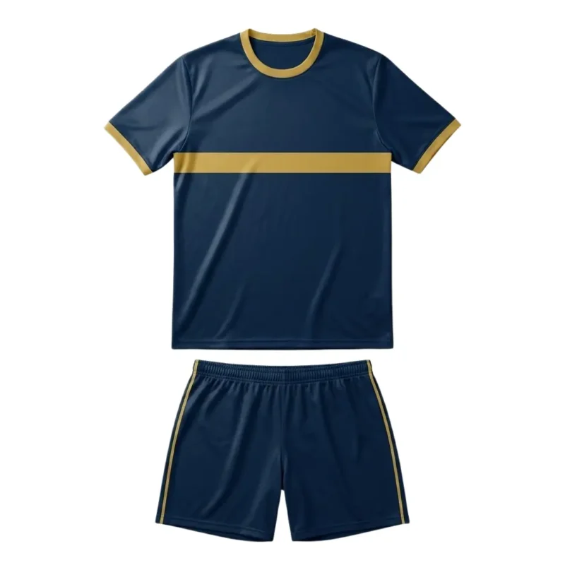 Front view flat lay of the Classic Elite Custom Soccer Uniform - Navy Gold Kit featuring a deep navy blue jersey with a bold gold horizontal chest stripe, crew neck collar, and matching navy shorts with gold side piping