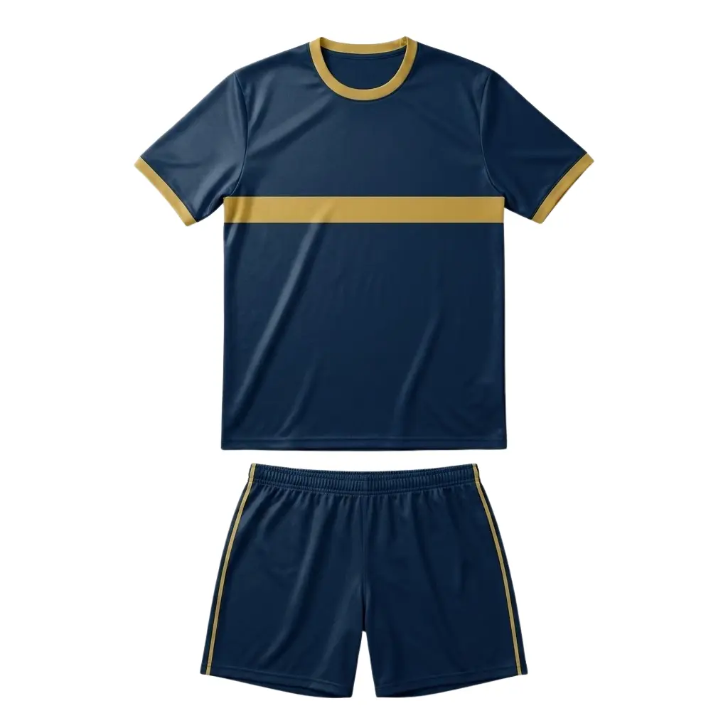 Classic Elite Custom Soccer Uniform - Navy Gold Kit - Front View Front view flat lay of the Classic Elite Custom Soccer Uniform - Navy Gold Kit featuring a deep navy blue jersey with a bold gold horizontal chest stripe, crew neck collar, and matching navy shorts with gold side piping