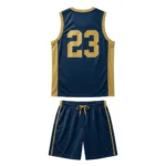 Back view of a custom sublimated navy basketball jersey showing a bold gold athletic block number 23 and breathable gold mesh side panels with matching navy and gold basketball shorts