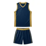 Front view flat lay of a Court King custom basketball uniform featuring a deep navy blue sleeveless jersey with warm gold V-neck trim and matching athletic shorts on a pure white background