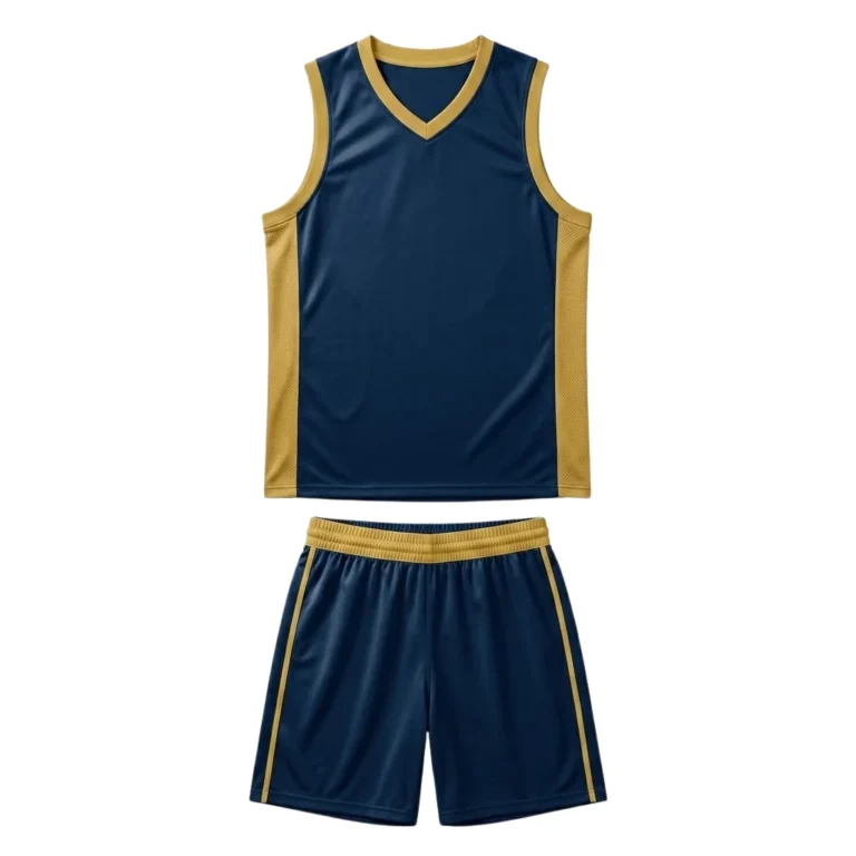 Front view flat lay of a Court King custom basketball uniform featuring a deep navy blue sleeveless jersey with warm gold V-neck trim and matching athletic shorts on a pure white background