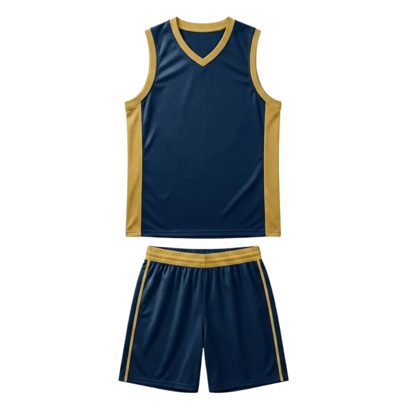 Front view flat lay of a Court King custom basketball uniform featuring a deep navy blue sleeveless jersey with warm gold V-neck trim and matching athletic shorts on a pure white background