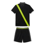 Backside flat lay of the Court Noir Custom Padel Kit - Black Lime Tech Polo showcasing the continuous lime green diagonal stripe, white cuff accents, and matching black technical shorts
