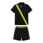 Front flat lay view of the Court Noir Custom Padel Kit - Black Lime Tech Polo featuring a jet black body with a bold electric lime green diagonal accent stripe and white collar trim