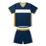 Front view of the Crease King Custom Lacrosse Uniform - Navy Gold Kit featuring a deep navy jersey with a bold white chest stripe, gold V-neck collar, and matching navy athletic shorts with gold trim