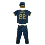 Back view of the Diamond Legacy navy and gold baseball jersey with pinstripe detailing, featuring a large athletic number 22 and player name SMITH in gold for custom team identification