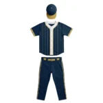 Front view of the Diamond Legacy custom baseball uniform in navy blue and gold, featuring a sublimated pinstripe button-down jersey, matching full-length pants with a gold belt, and a professional team cap